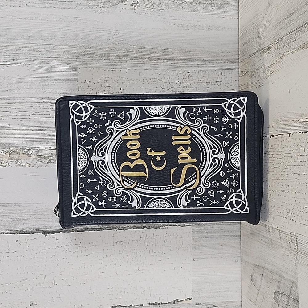 Spirit Halloween black Book of Spells zip purse clutch MISSING crossbody strap